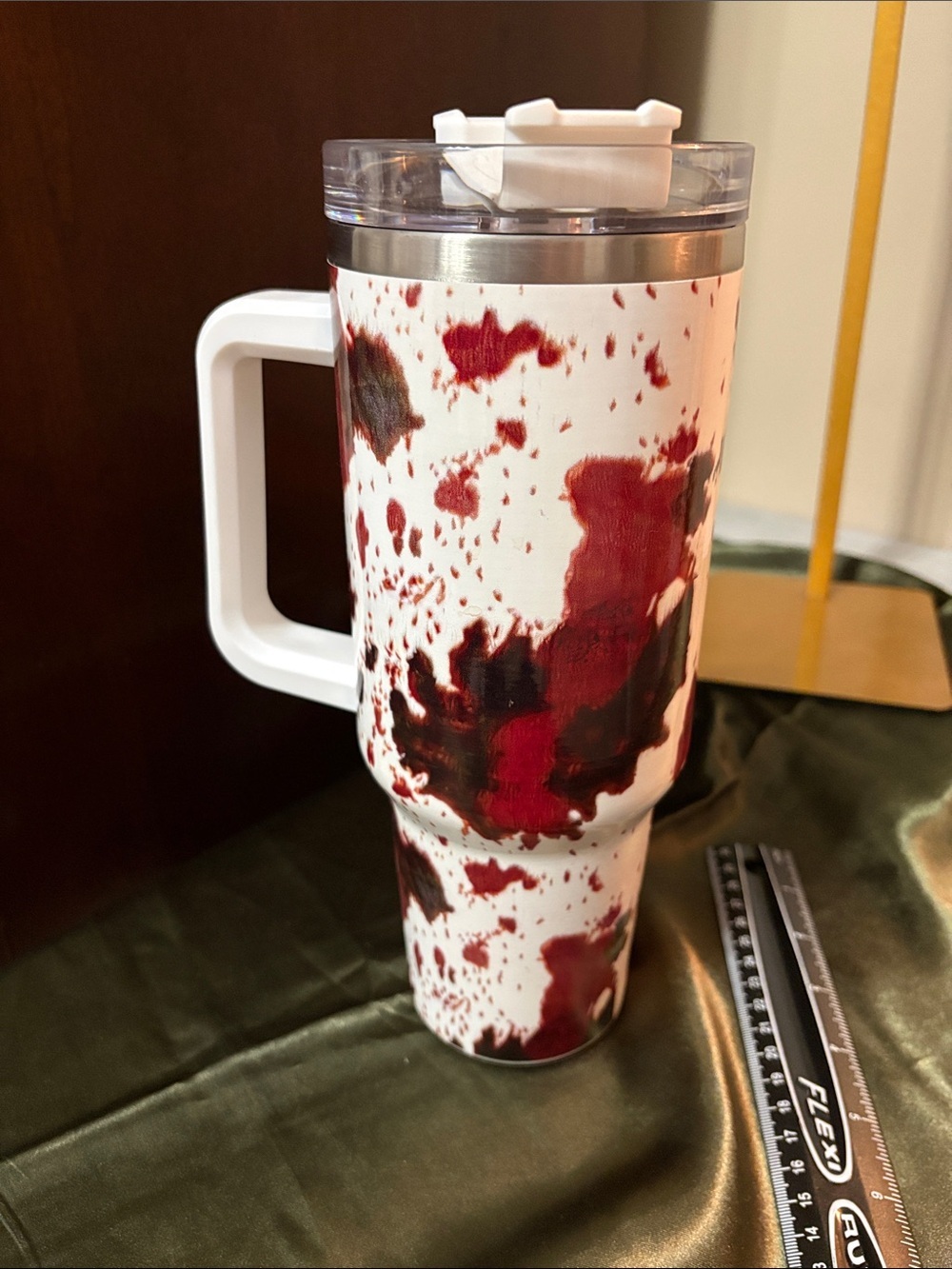 Source Unknown White Travel Tumbler withCow print and White Handle